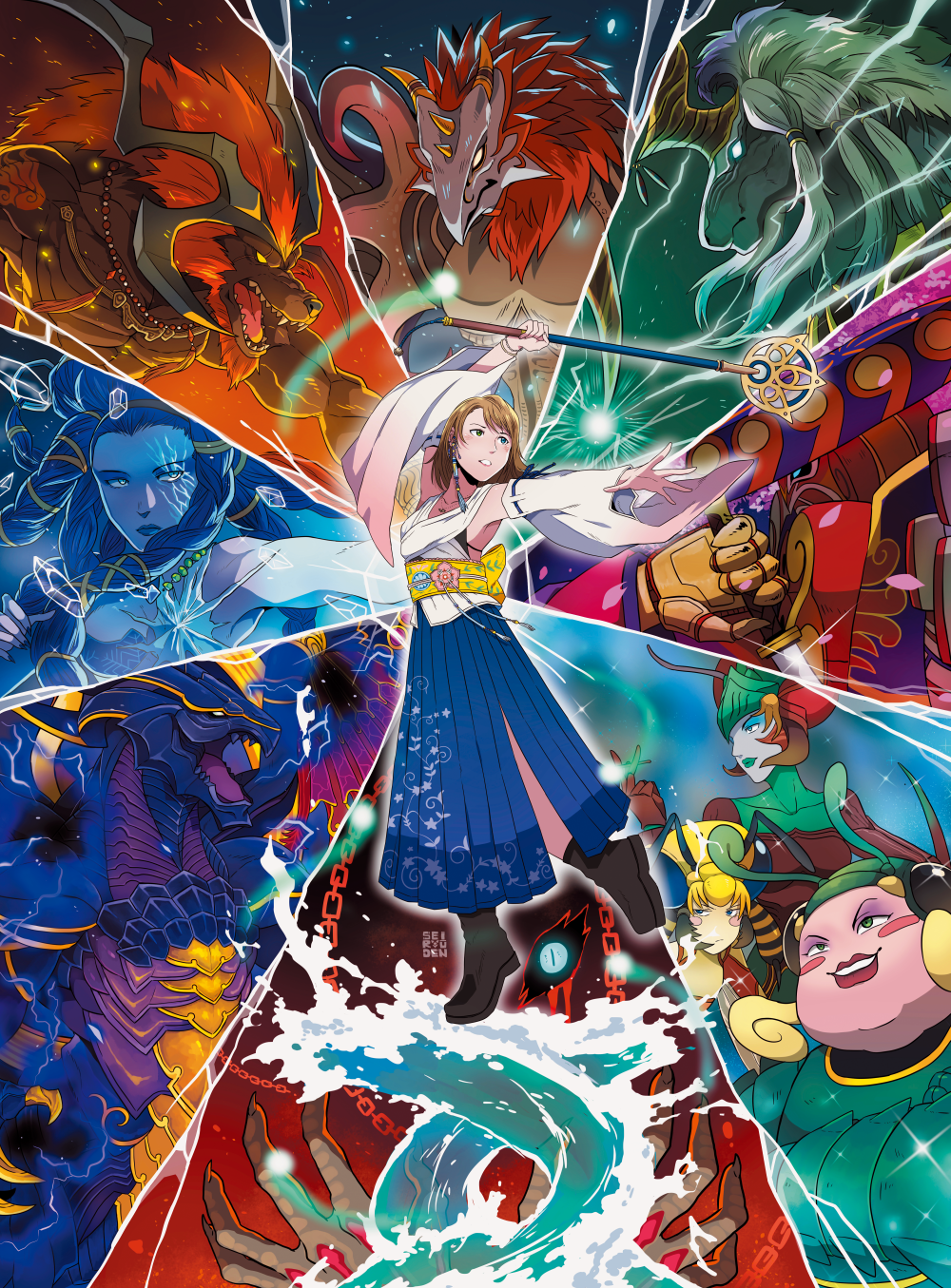 6+girls, anima_(final_fantasy), bahamut_(final_fantasy), beak, blue_hair, brown_hair, chains, commentary