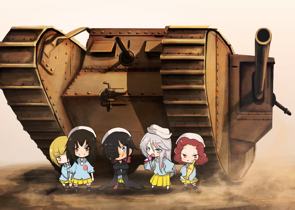5girls, cutlass_(girls_und_panzer), flint_(girls_und_panzer), girls_und_panzer, ground_vehicle, jinguu_(4839ms), mark_iv_tank, military