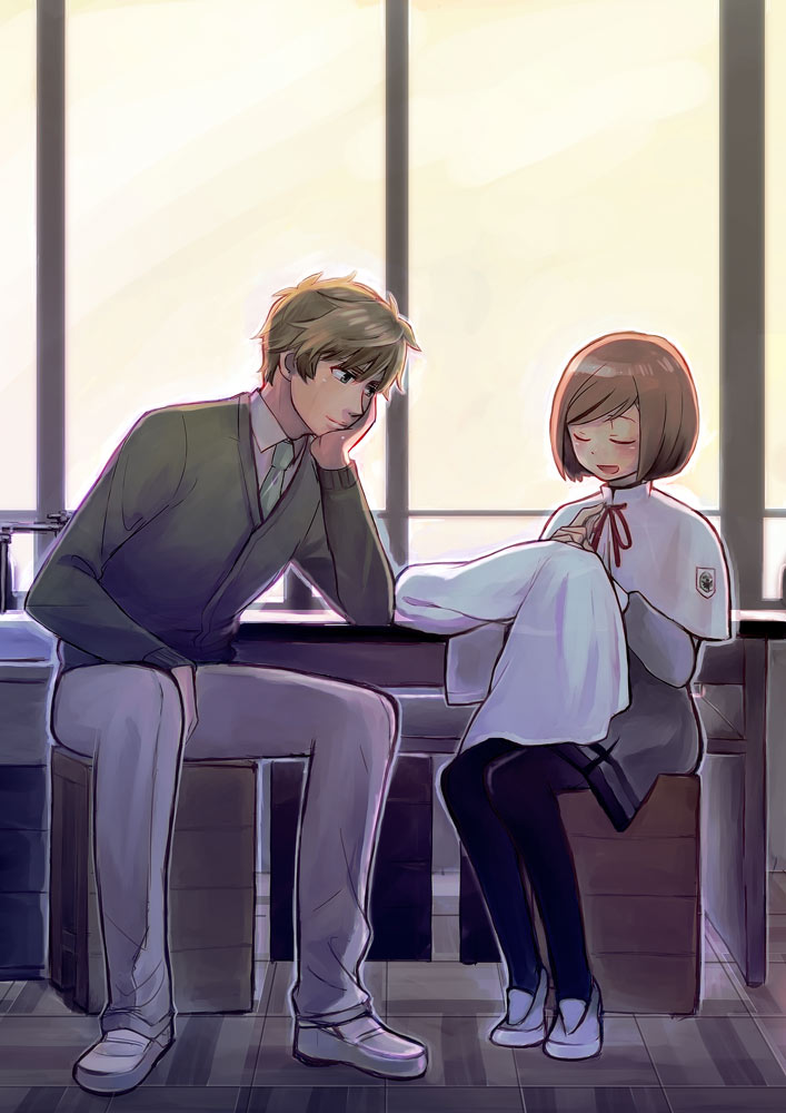 1boy, 1girl, black_legwear, brown_hair, closed_eyes, green_eyes, green_neckwear, grey_pants