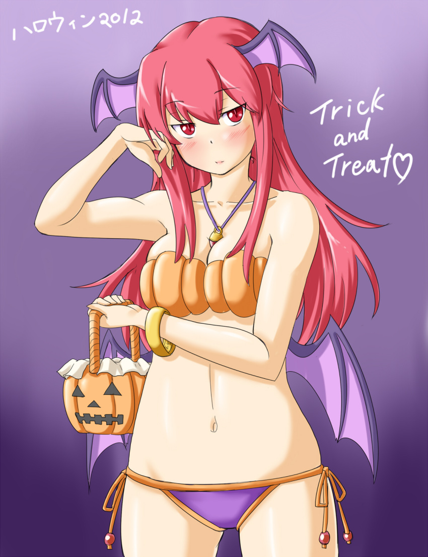 alternate_costume, bare_shoulders, basket, bikini, blush, breasts, cleavage, collarbone