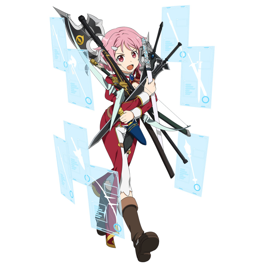 boots, full_body, hair_ornament, hairclip, highres, holding, holding_axe, holding_sword