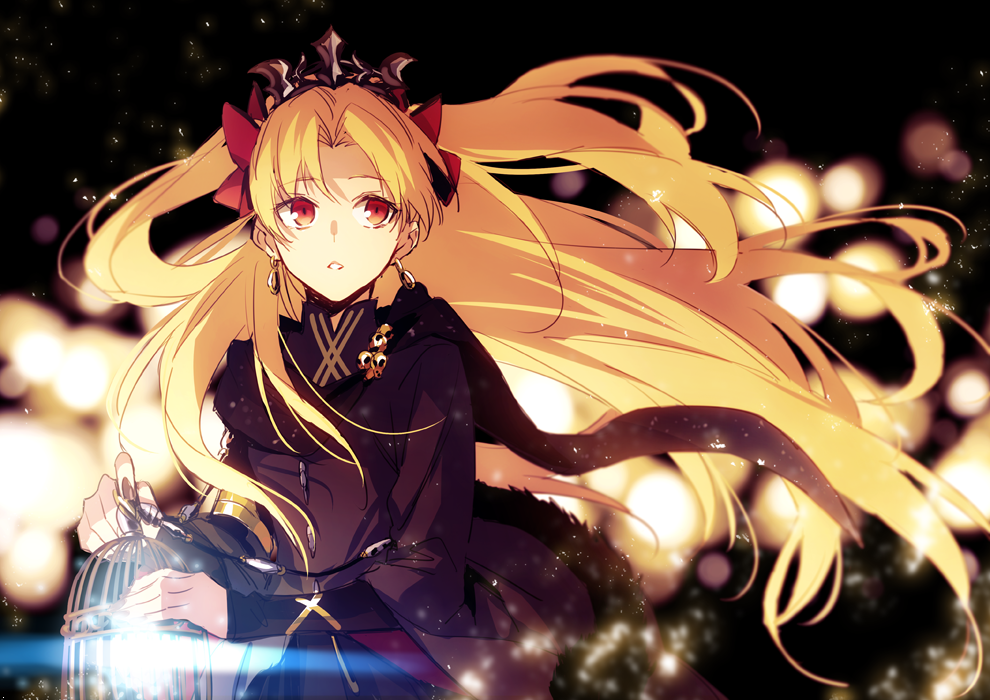 1girl, bangs, black_cape, blonde_hair, cape, commentary_request, earrings, ereshkigal_(fate/grand_order)
