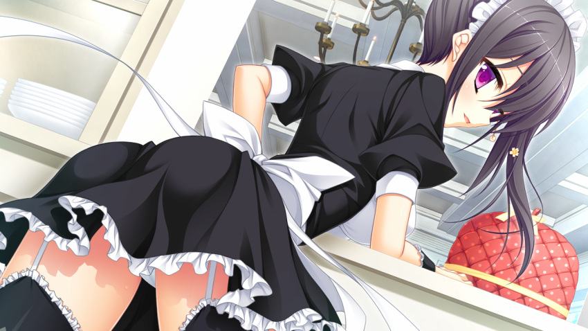 1girl, arisue_tsukasa, ass, black_legwear, bow, dress, hanasaki_work_spring, koutsuki_kanna