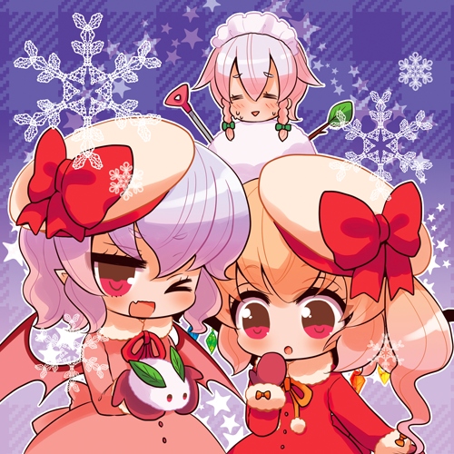 >_o, 3girls, :>, :o, ;d, =_=, bat_wings, beige_hat