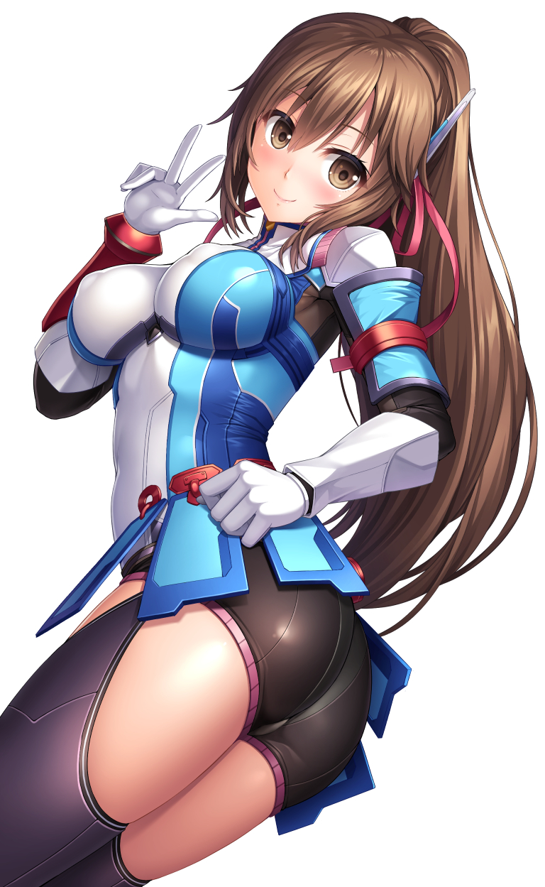 1girl, ass, black_shorts, blush, breasts, brown_eyes, brown_hair, gloves