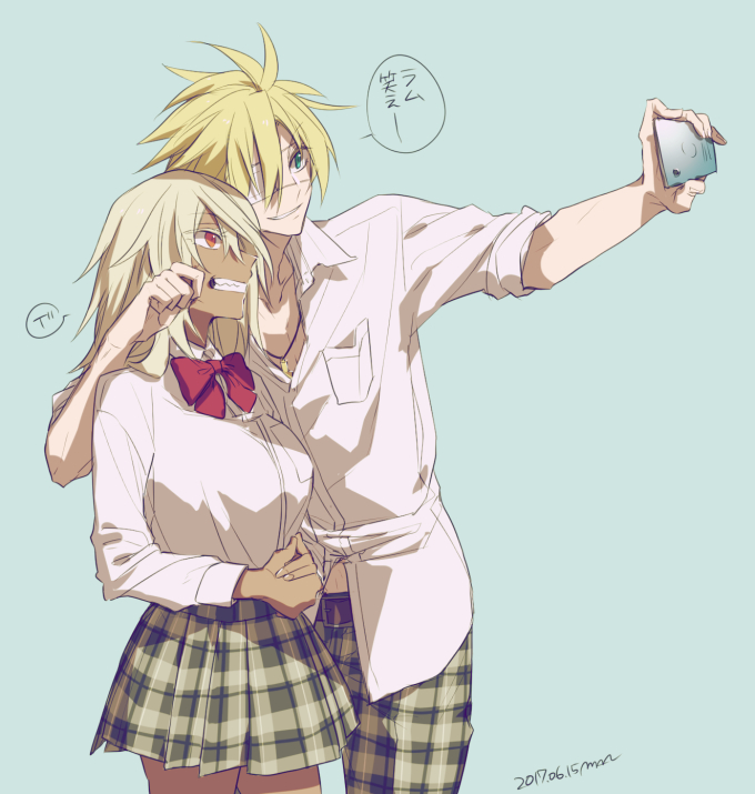 1girl, blonde_hair, blue_eyes, brown_hair, cellphone, forced_smile, grin, guilty_gear