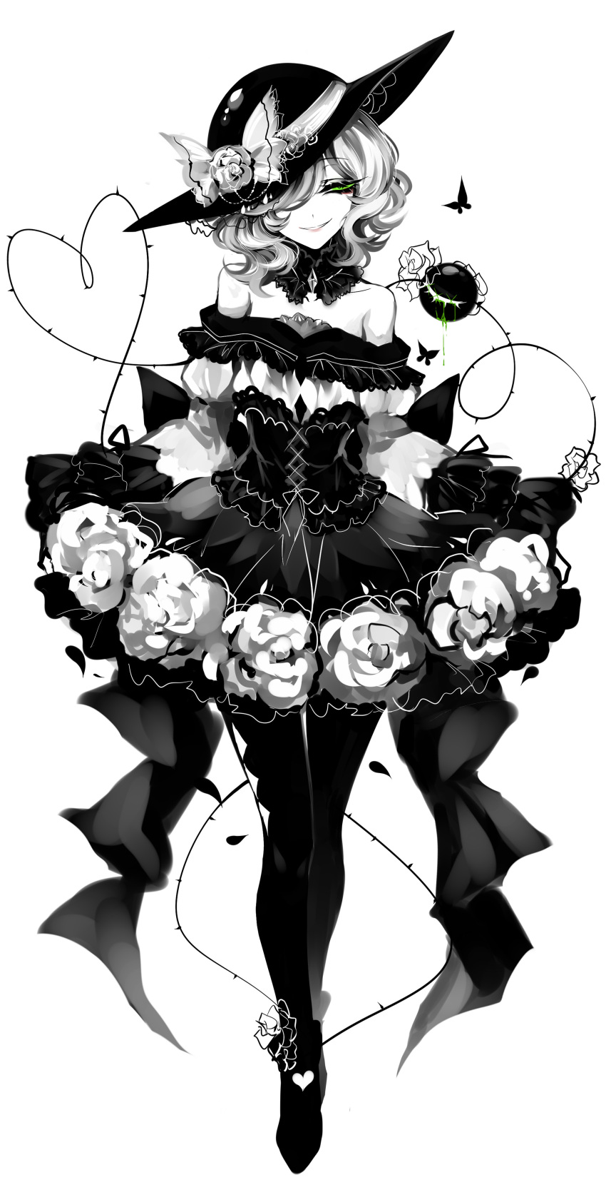 1girl, absurdres, adapted_costume, bare_shoulders, black_legwear, bow, butterfly, collarbone