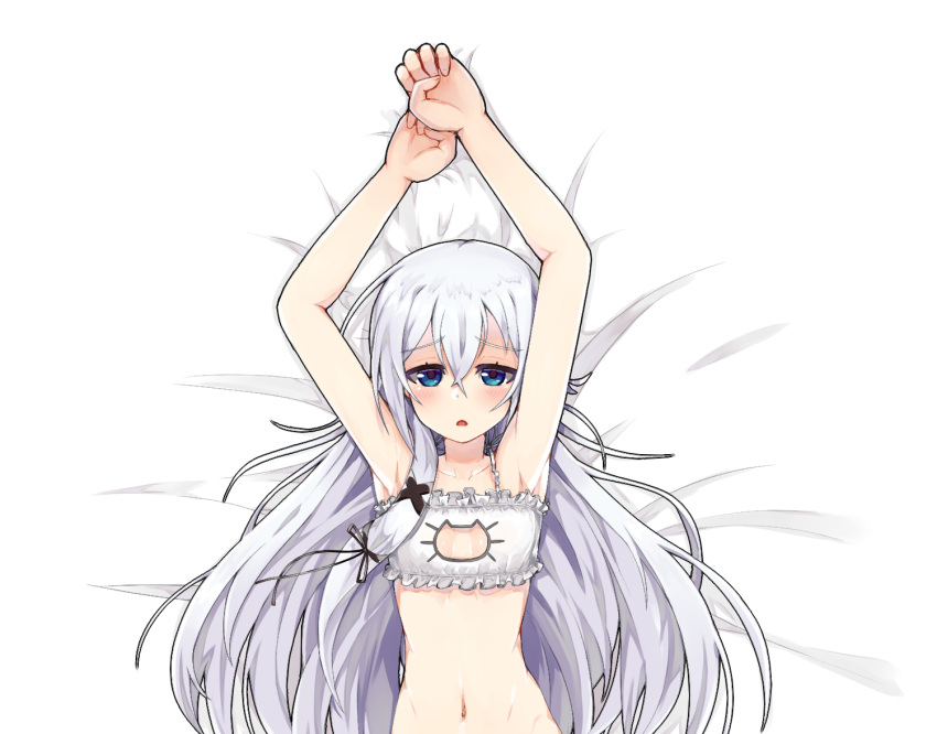 1girl, blue_eyes, cat_cutout, cat_lingerie, cleavage_cutout, commission, hair_between_eyes, hair_ornament, lavender_hair, long_hair, looking_at_viewer, lying, mastgg, meme_attire, navel, on_back, open_mouth, silver_hair, solo, very_long_hair, x_hair_ornament