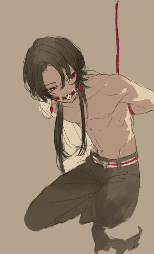 1boy, ball_gag, bdsm, belt, bondage, bound, brown_hair, collarbone