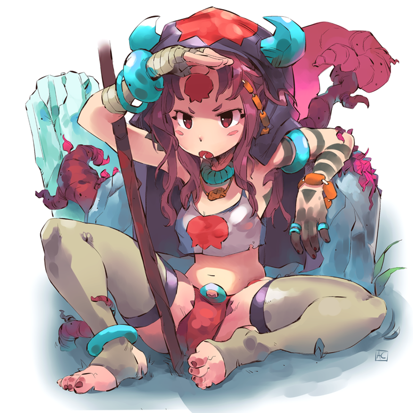 1girl, andrea_cofrancesco, bandage, bandaged_arm, blush_stickers, brown_hair, crop_top, fingerless_gloves