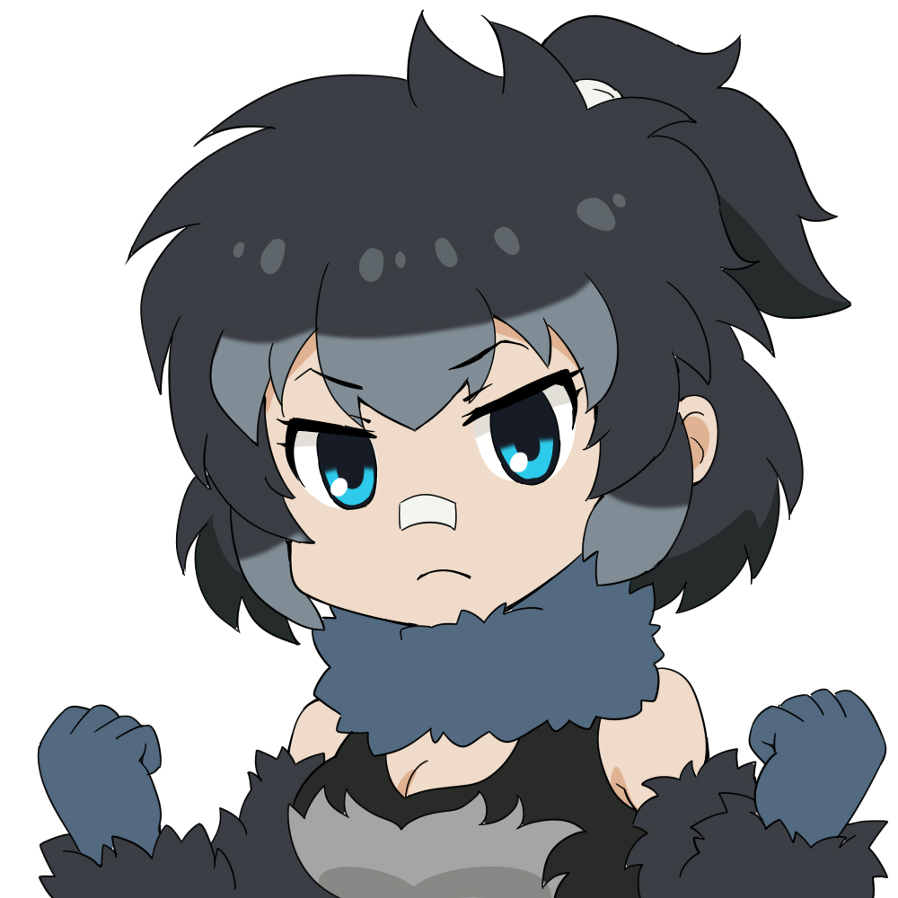1girl, bandaid, bandaid_on_nose, bare_shoulders, blue_eyes, breasts, cleavage, eyebrows_visible_through_hair