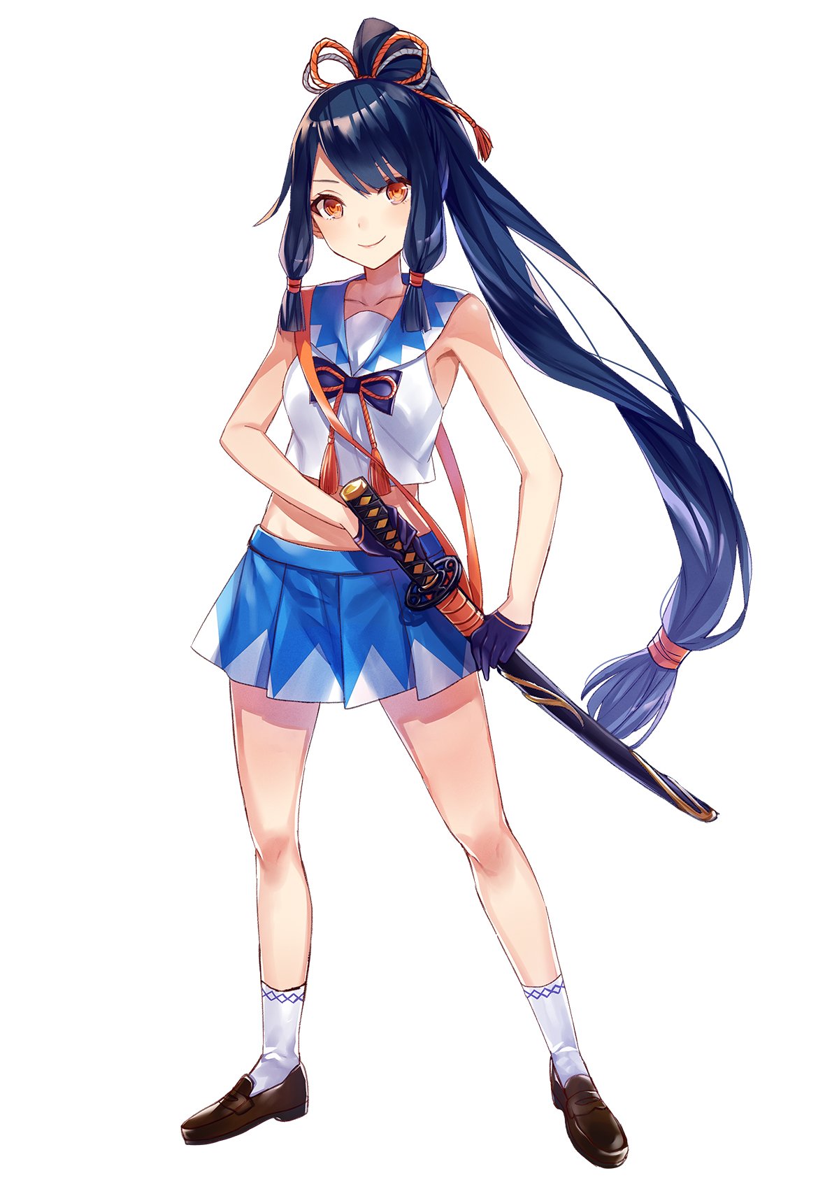 1girl, black_hair, blue_gloves, blue_skirt, brown_footwear, collarbone, full_body, gloves