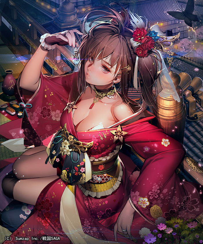 1girl, bare_shoulders, black_gloves, blue_eyes, bra, breasts, brown_hair, butterfly