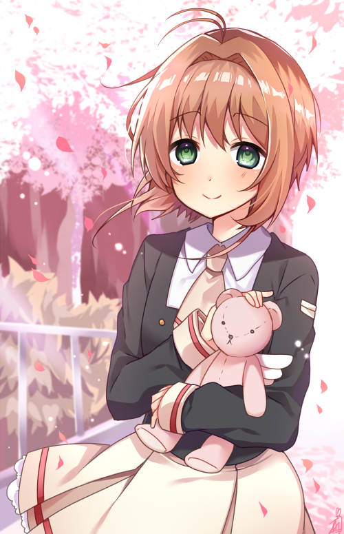 1girl, bangs, beige_neckwear, beige_skirt, black_blazer, blush, brown_hair, card_captor_sakura