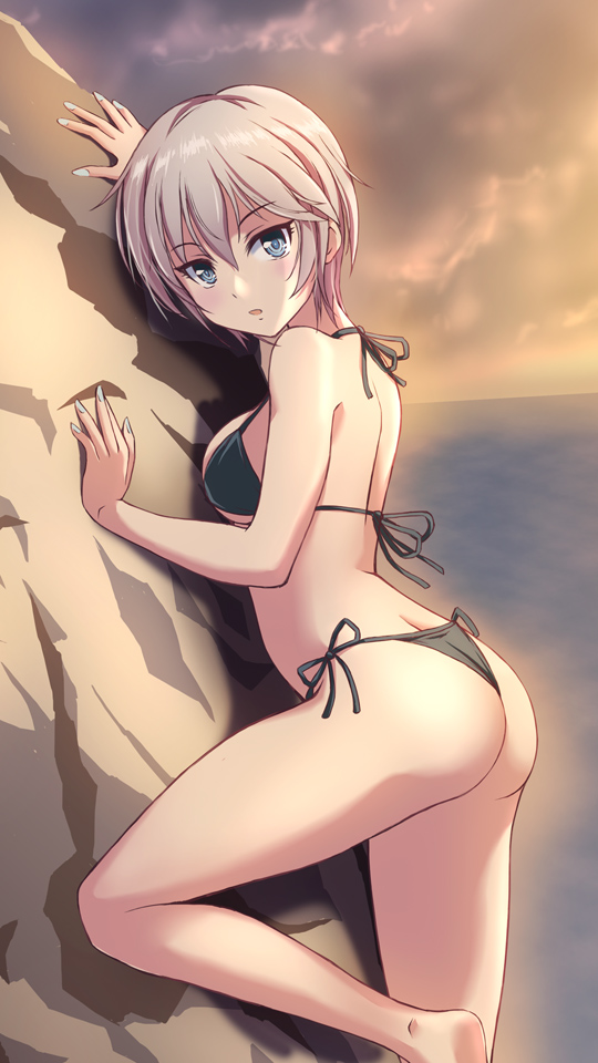 1girl, anastasia_(idolmaster), barefoot, bikini, black_bikini, blue_eyes, clouds, cowboy_shot