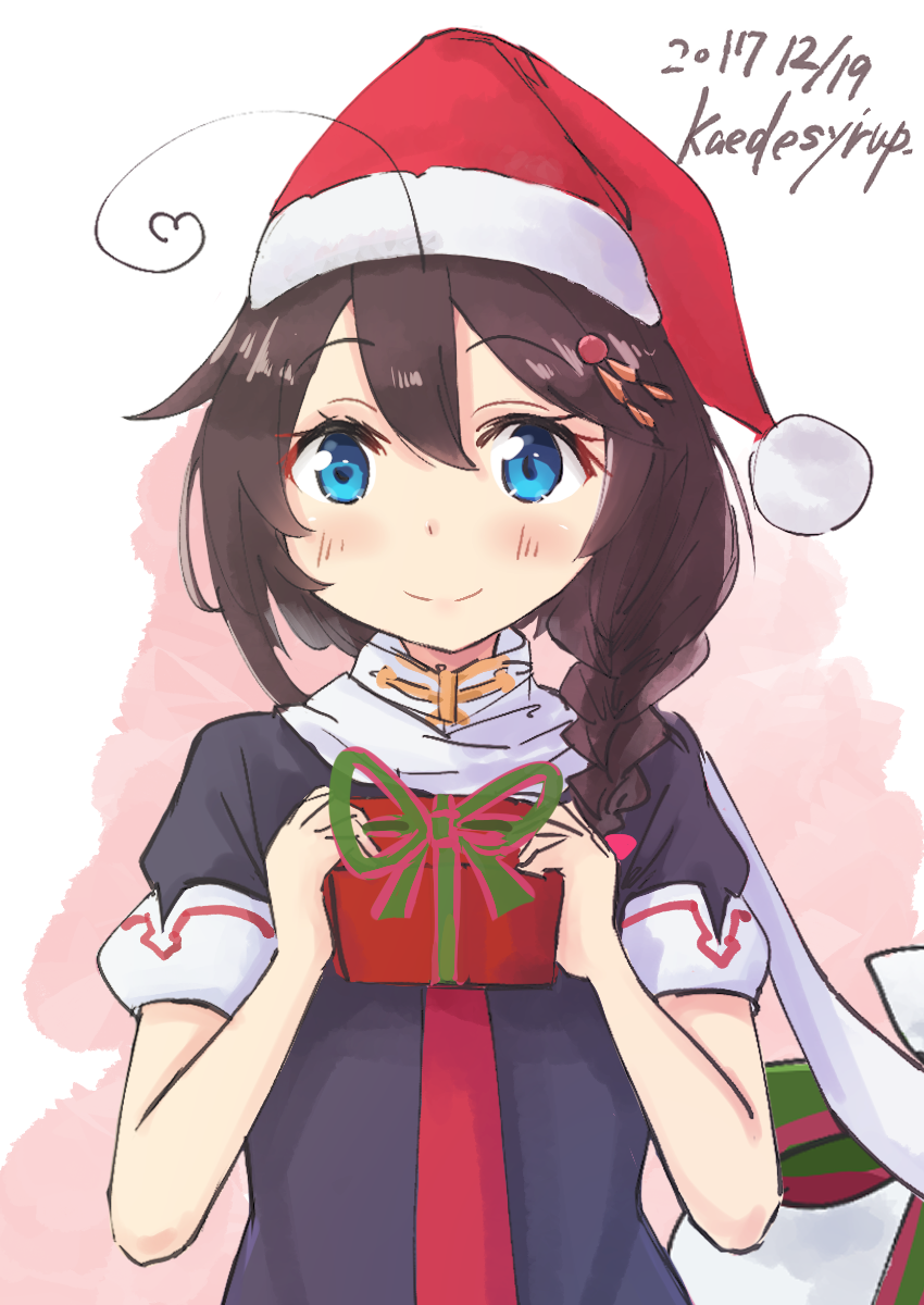 1girl, ahoge, artist_name, black_gloves, black_hair, black_serafuku, blue_eyes, braid