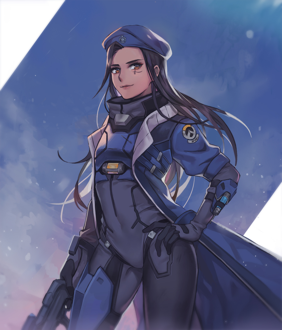 0910popo, 1girl, alternate_costume, ana_(overwatch), beret, black_hair, blue_sky, brown_eyes