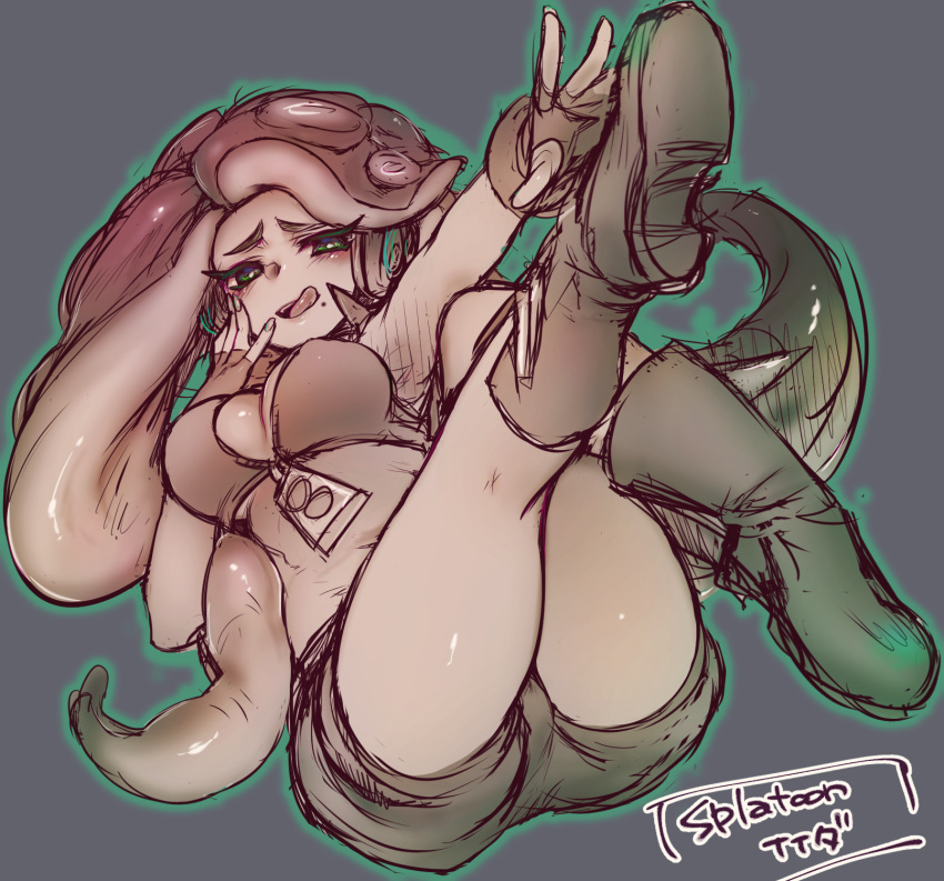 1girl, arm_up, armpits, bare_arms, bare_legs, blush, boots, breasts, copyright_name, crop_top, fingerless_gloves, full_body, gloves, green_eyes, half-closed_eyes, hand_on_own_cheek, hand_up, headphones, highres, iida_(splatoon), knee_up, leg_up, licking_lips, looking_at_viewer, medium_breasts, midriff, mole, mole_under_mouth, naughty_face, octarian, open_mouth, outstretched_arm, outstretched_hand, sasaki_shou, shorts, sketch, smile, solo, splatoon, splatoon_2, stomach, suction_cups, tentacle_hair, tongue, tongue_out, unzipped, zipper, zipper_pull_tab