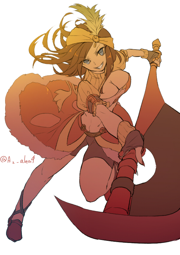1girl, axe, azalea4, bike_shorts, blue_eyes, breasts, brown_hair, cleavage