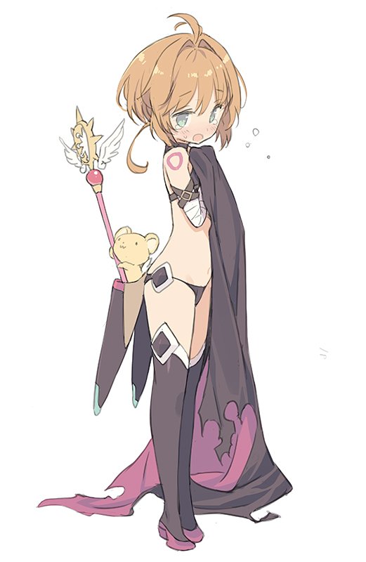 1girl, :3, ahoge, bandage, bandaged_arm, bare_shoulders, black_bra, black_footwear, black_panties, blade_(galaxist), blue_eyes, blush, boots, bra, brown_hair, cape_removed, card_captor_sakura, commentary_request, cosplay, covering, covering_breasts, creature, embarrassed, eyebrows_visible_through_hair, fate/apocrypha, fate_(series), flying_teardrops, full_body, hair_intakes, high_heel_boots, high_heels, jack_the_ripper_(fate/apocrypha), jack_the_ripper_(fate/apocrypha)_(cosplay), kero, kinomoto_sakura, looking_at_viewer, navel, open_mouth, panties, scabbard, seiyuu_connection, sheath, short_hair, simple_background, solo, standing, tange_sakura, tattoo, tears, thigh-highs, thigh_boots, underwear, wand, white_background, yume_no_tsue
