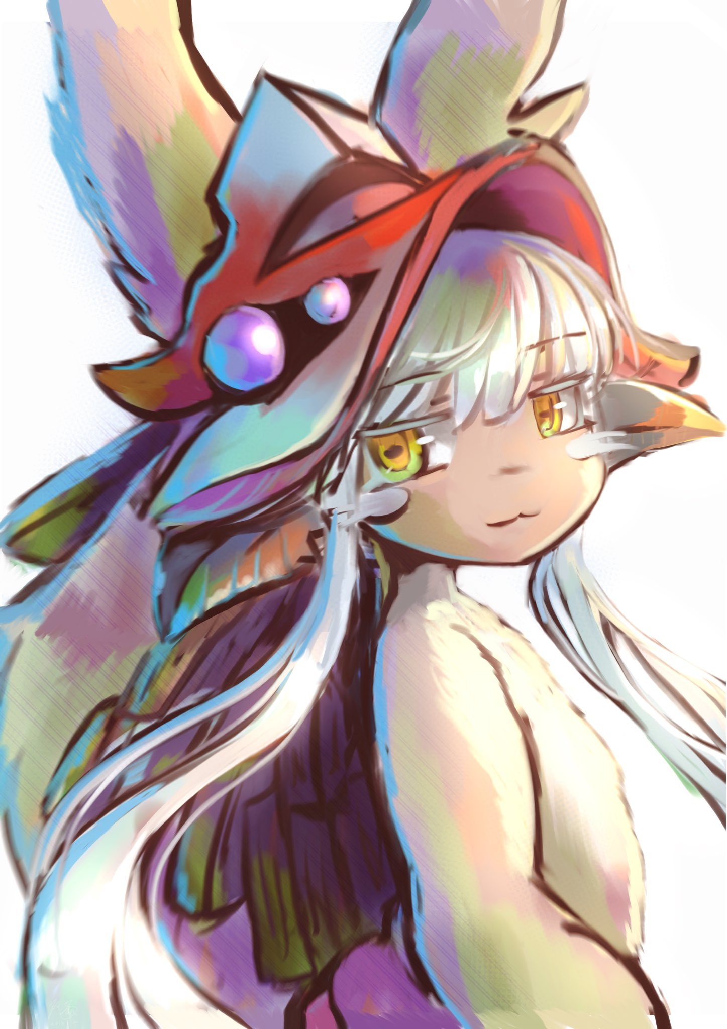 1girl, :3, animal_ears, commentary, ears_through_headwear, eyebrows_visible_through_hair, from_side, furry, hat, highres, horizontal_pupils, horns, long_hair, looking_at_viewer, made_in_abyss, nanachi_(made_in_abyss), ria_(efikrisia), silver_hair, simple_background, solo, standing, topless, upper_body, white_background, yellow_eyes