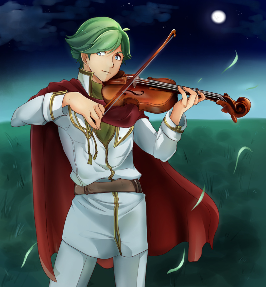 1boy, alternate_costume, blue_eyes, cape, fire_emblem, fire_emblem:_mystery_of_the_emblem, grass, green_hair, instrument, kizi_sizui23, male_focus, moon, night, night_sky, sky, solo, tomas_(fire_emblem), upper_body, violin