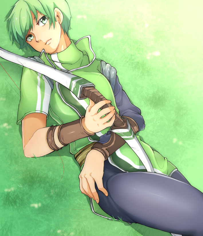 1boy, bow_(weapon), bracelet, fire_emblem, fire_emblem:_mystery_of_the_emblem, gordon_(fire_emblem), grass, green_eyes