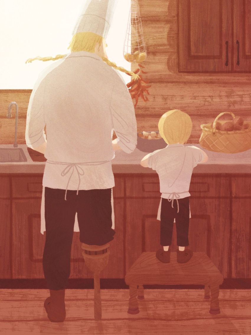 2boys, amputee, apron, basket, blonde_hair, braided_beard, child, cook