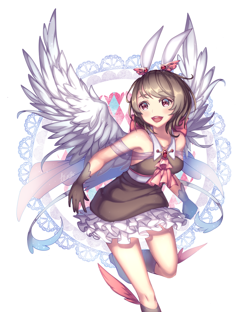 1girl, :d, angel_wings, animal_ears, armpits, bare_shoulders, black_dress, black_gloves