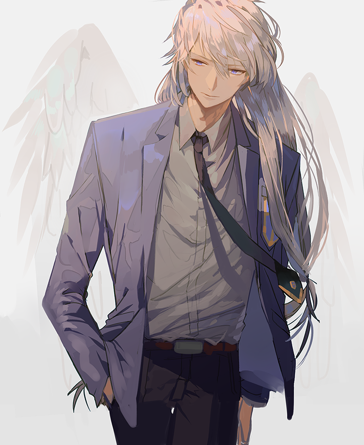 1boy, blue_eyes, card_captor_sakura, closed_mouth, cowboy_shot, dal_(edalnem), formal, hand_in_pocket, long_hair, looking_away, low-tied_long_hair, male_focus, necktie, school_uniform, solo, suit, very_long_hair, white_background, white_hair, white_wings, wings, yue_(ccs)