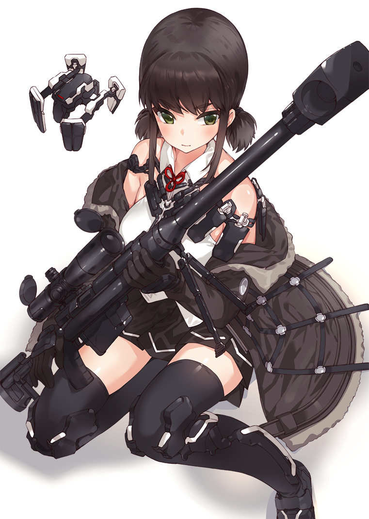 1girl, armor, bangs, bare_shoulders, black_gloves, black_hair, black_legwear, black_skirt