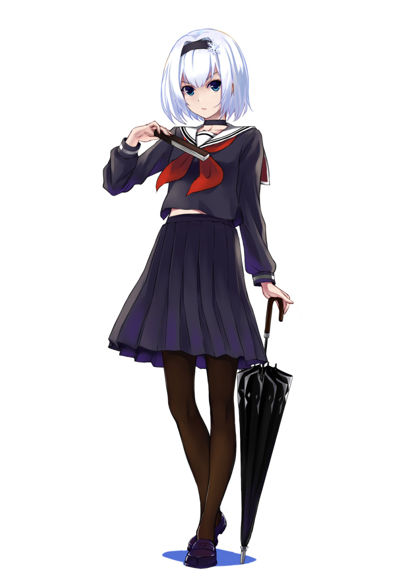 1girl, bangs, black_legwear, black_serafuku, black_skirt, blue_eyes, choker, closed_umbrella