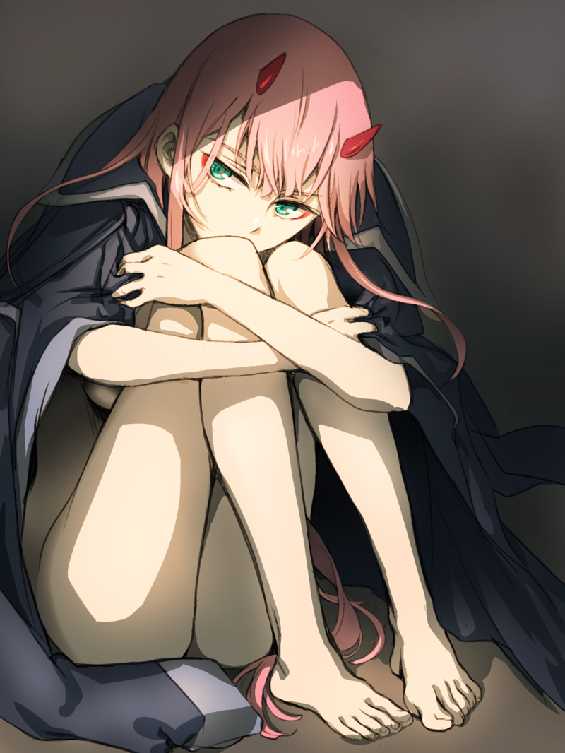 1girl, aqua_eyes, bangs, blue_jacket, breasts, covering_mouth, darling_in_the_franxx, expressionless, feet, full_body, hair_between_eyes, herozu_(xxhrd), horns, jacket, jacket_on_shoulders, knees_together_feet_apart, knees_up, leg_hug, legs, long_hair, looking_at_viewer, medium_breasts, nude, pink_hair, shiny, shiny_hair, simple_background, sitting, solo, tagme, toes, zero_two_(darling_in_the_franxx)
