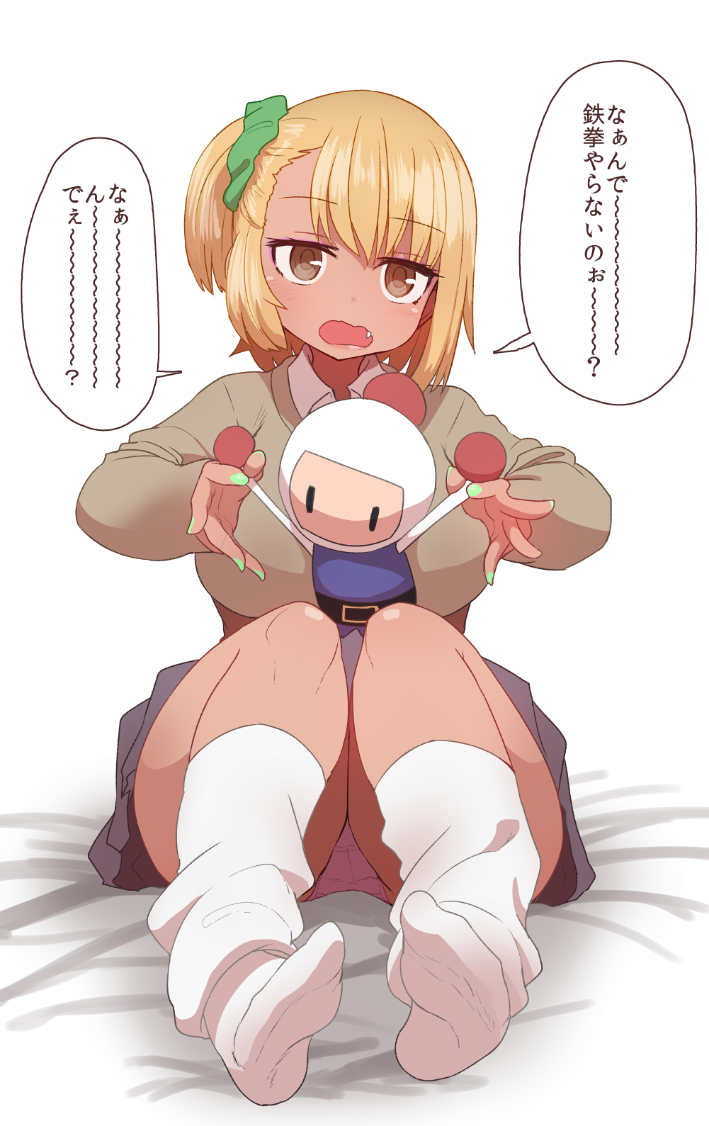 1girl, bangs, blonde_hair, blue_skirt, bomberman, bomberman_(character), breasts, brown_eyes