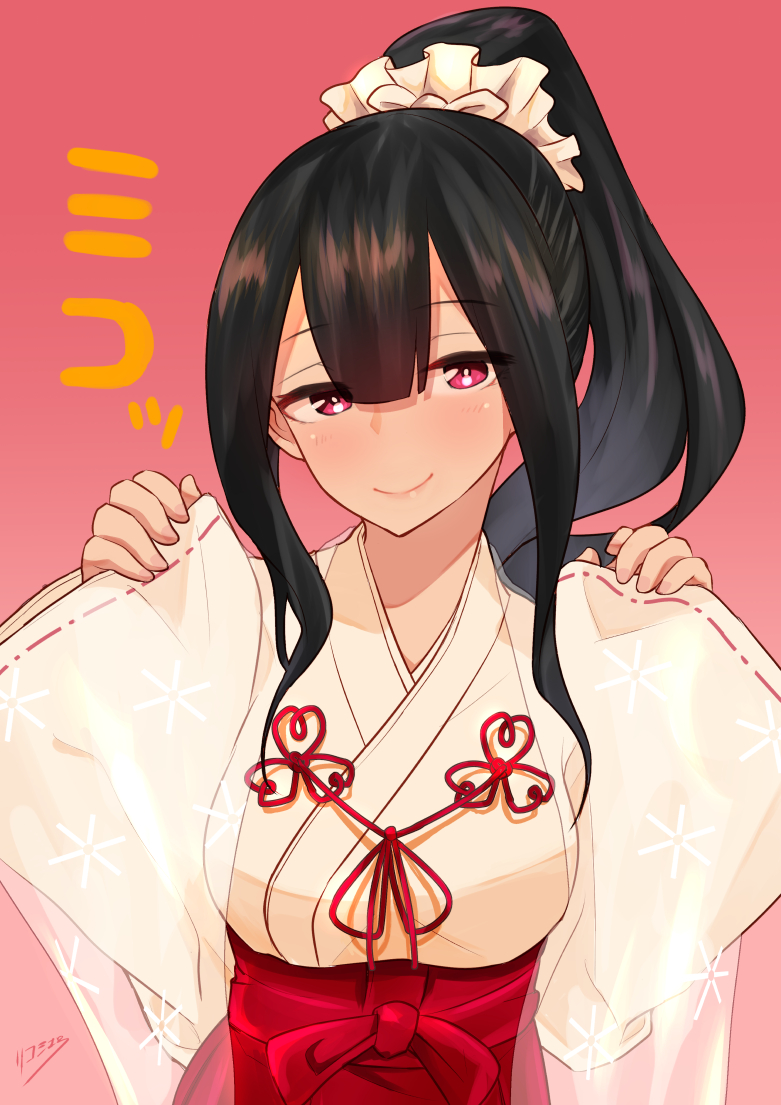 1girl, black_hair, breasts, eyebrows_visible_through_hair, gradient, gradient_background, hair_between_eyes, hair_ornament