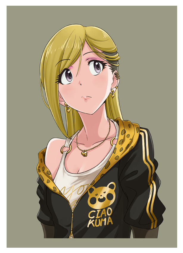 1girl, animal_print, bangs, black_hair, blonde_hair, clothes_writing, earrings, eyebrows_visible_through_hair, fujimoto_rina, grey_background, grey_eyes, heart, heart_earrings, hige_(com), idolmaster, idolmaster_cinderella_girls, jewelry, leopard_print, long_hair, looking_to_the_side, multicolored_hair, necklace, o-ring_top, off_shoulder, single_bare_shoulder, solo, swept_bangs, tank_top, two-tone_hair, upper_body