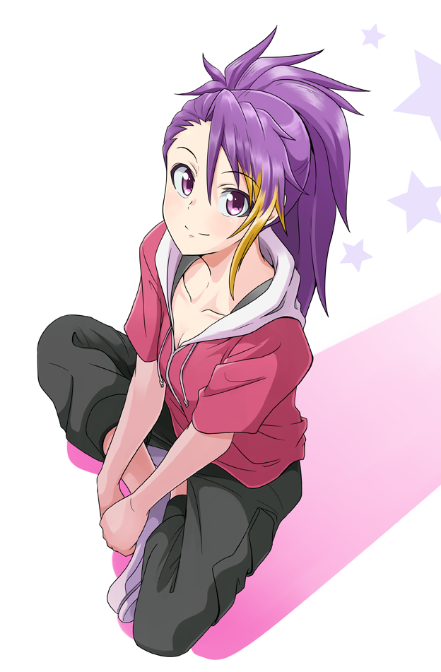 1girl, asymmetrical_bangs, bangs, blonde_hair, collarbone, from_above, full_body, hige_(com), hood, hoodie, idolmaster, idolmaster_million_live!, indian_style, long_hair, looking_at_viewer, maihama_ayumu, multicolored_hair, pants, ponytail, purple_hair, short_sleeves, sitting, smile, solo, streaked_hair, sweatpants, swept_bangs, violet_eyes