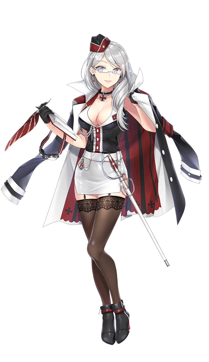 1girl, black_footwear, black_gloves, black_legwear, book, breast_pocket, breasts, cleavage, crop_top, formation_girls, full_body, garter_straps, glasses, gloves, goggles_around_arm, grey_eyes, hand_on_hips, highres, holding, holding_book, holding_pen, iron_cross, jacket_on_shoulders, kagachi_saku, large_breasts, long_hair, looking_at_viewer, military, military_uniform, official_art, pen, pencil_skirt, pocket, red_belt, rizelotte_eschenbach, semi-rimless_eyewear, silver-framed_eyewear, silver_hair, skirt, sleeveless, smile, solo, sword, thigh-highs, transparent_background, uniform, weapon, white_skirt