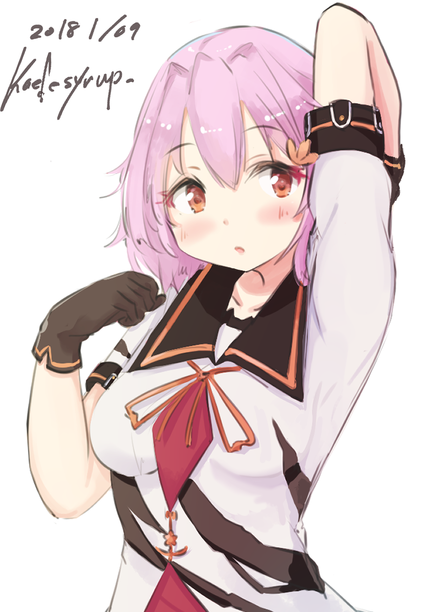 1girl, arm_up, artist_name, black_gloves, dated, gloves, hair_ornament, highres
