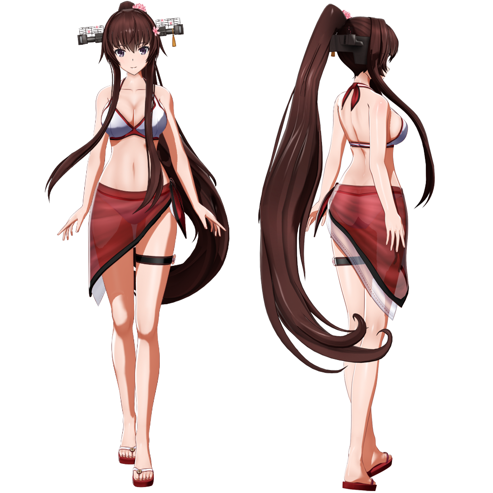 1girl, 3d, alternate_costume, ass, bikini, breasts, brown_hair, cherry_blossoms