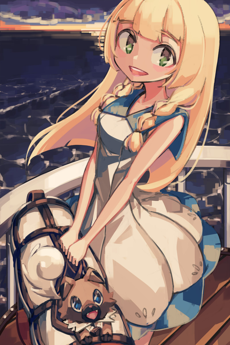 1girl, allen_(makaroll), bag, blonde_hair, braid, dress, duffel_bag, green_eyes