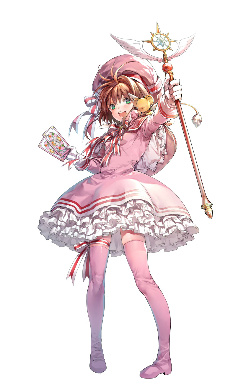 1girl, absurdres, boots, brown_hair, capelet, card, card_captor_sakura, dress, frilled_dress, frills, full_body, gloves, green_eyes, hanababy91, hat, highres, holding, holding_card, holding_wand, kero, kinomoto_sakura, looking_at_viewer, magical_girl, open_mouth, pink_dress, pink_footwear, pink_hat, pink_legwear, ribbon, short_hair, skindentation, thigh-highs, thigh_boots, thighs, wand, white_background, white_gloves, zettai_ryouiki