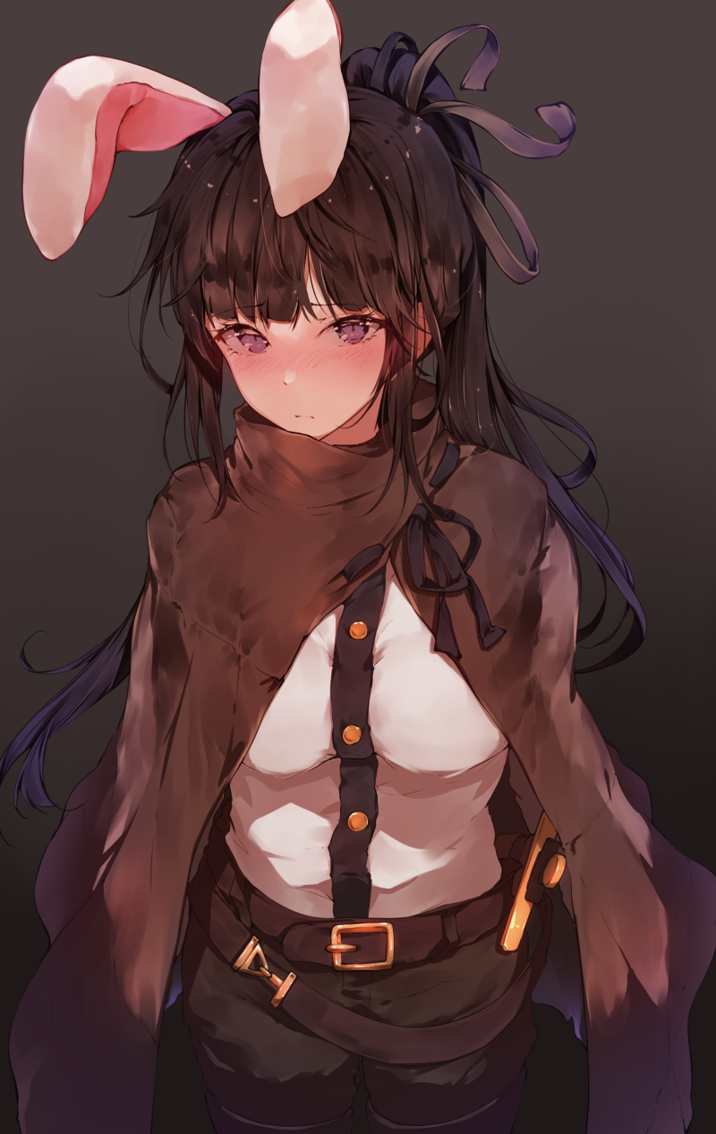 1girl, animal_ears, arms_at_sides, bangs, belt, belt_buckle, black_pants, black_ribbon, blue_eyes, blush, breasts, brown_cape, buckle, buttons, closed_mouth, commentary_request, cowboy_shot, eyebrows_visible_through_hair, fake_animal_ears, grey_background, hair_ribbon, high_ponytail, highres, hplay, long_hair, medium_breasts, narberal_gamma, nose_blush, overlord_(maruyama), pants, ponytail, rabbit_ears, ribbon, ribbon-trimmed_cape, sheath, sheathed, shirt, simple_background, solo, standing, sword, weapon, white_shirt