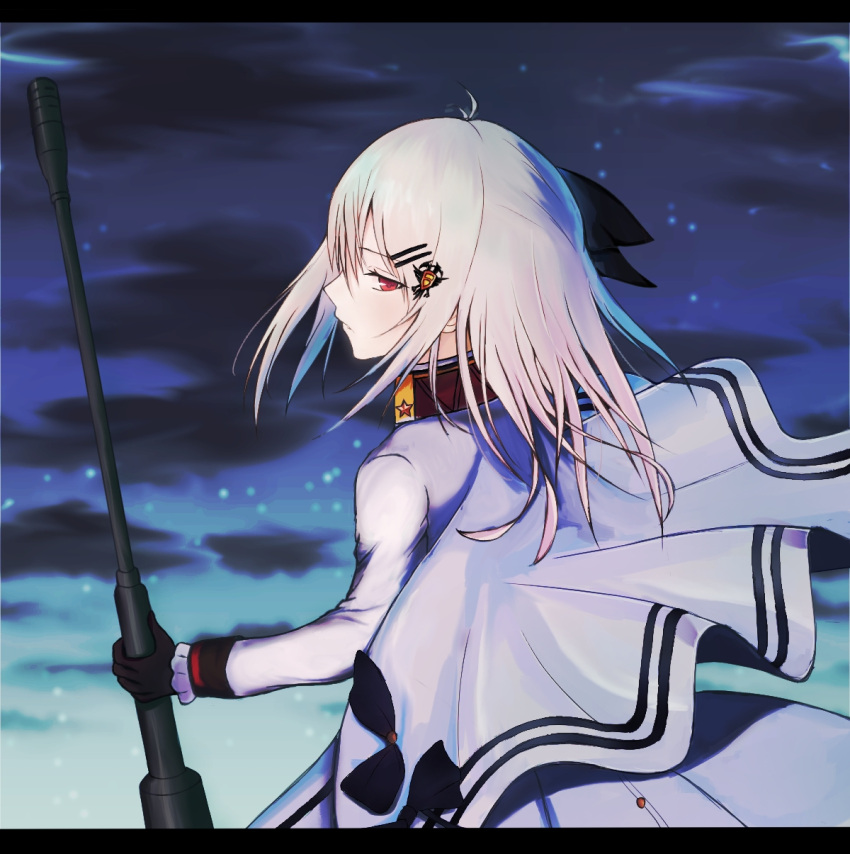 1girl, ahoge, anti-materiel_rifle, arm_support, artist_name, bangs, black_bow, black_gloves