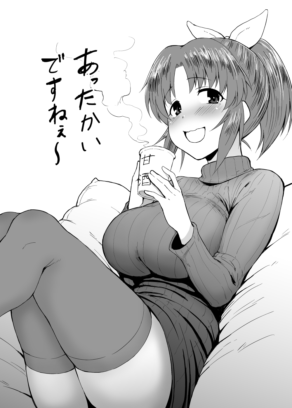 1girl, :d, abe_nana, blush, breasts, cup, eyebrows_visible_through_hair, gagarin_kichi, hair_ribbon, highres, idolmaster, idolmaster_cinderella_girls, large_breasts, long_sleeves, looking_at_viewer, monochrome, naked_sweater, open_mouth, ponytail, ribbed_sweater, ribbon, short_hair, simple_background, smile, solo, sweater, thigh-highs, translation_request, turtleneck, turtleneck_sweater, white_background
