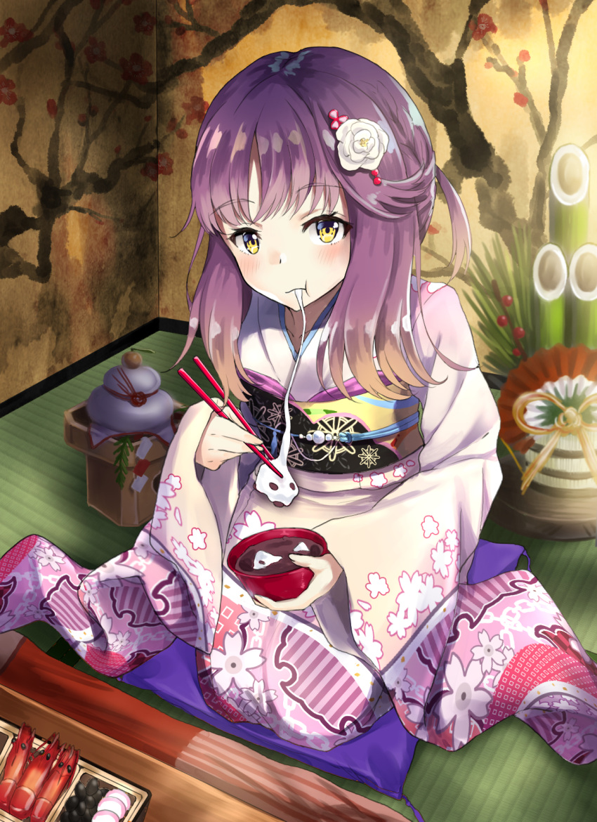 1girl, alternate_costume, chopsticks, eating, food, gradient_hair, hadron9, highres