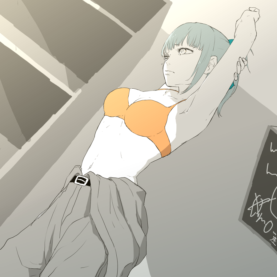 1girl, armpits, arms_up, bangs, belt, bow, bra, breasts, closed_mouth, clothes_around_waist, cowboy_shot, dutch_angle, green_hair, grey_hair, hair_bow, hair_ribbon, half-closed_eye, jacket_around_waist, jumpsuit, kantai_collection, long_hair, medium_breasts, midriff, navel, orange_bra, ponytail, ribbon, shelf, solo, stretch, underwear, yuubari_(kantai_collection), zabuton_dorobou