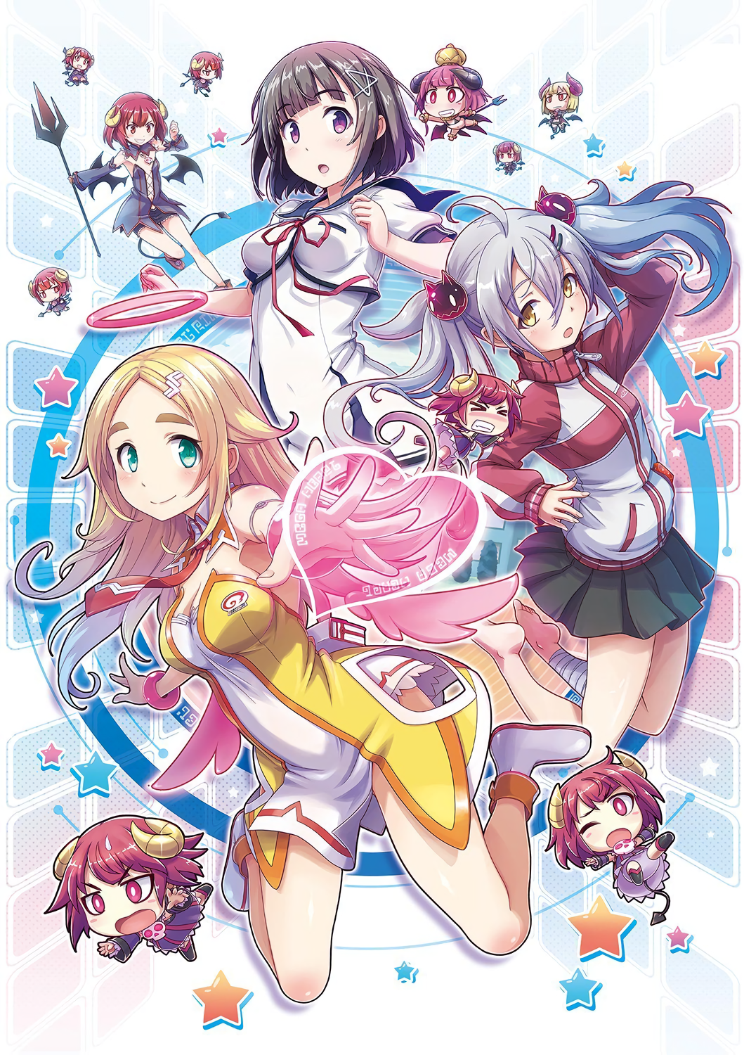 6+girls, :o, ahoge, arm_strap, bandage, barefoot, black_hair, blonde_hair