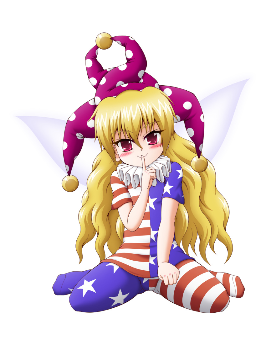 1girl, american_flag, american_flag_dress, american_flag_print, ass_visible_through_thighs, asymmetrical_clothes, asymmetrical_legwear, bangs, between_legs, blonde_hair, blush, breasts, c:, closed_mouth, clownpiece, commentary_request, dress, eyebrows, eyebrows_visible_through_hair, eyelashes, facing_viewer, fairy, fairy_wings, finger_to_mouth, fingernails, flag_print, full_body, hair_between_eyes, hand_between_legs, hat, head_tilt, highres, horizontal-striped_legwear, horizontal_stripes, jester_cap, kappei, legs_apart, long_hair, looking_at_viewer, multicolored, multicolored_clothes, multicolored_dress, multicolored_legwear, neck_ruff, pantyhose, pink_eyes, polka_dot, polka_dot_hat, purple_hat, shiny, shiny_hair, short_dress, short_sleeves, simple_background, sitting, small_breasts, smile, solo, star, star_print, striped, striped_dress, striped_legwear, touhou, transparent_background, tsurime, very_long_hair, wariza, wavy_hair, wings