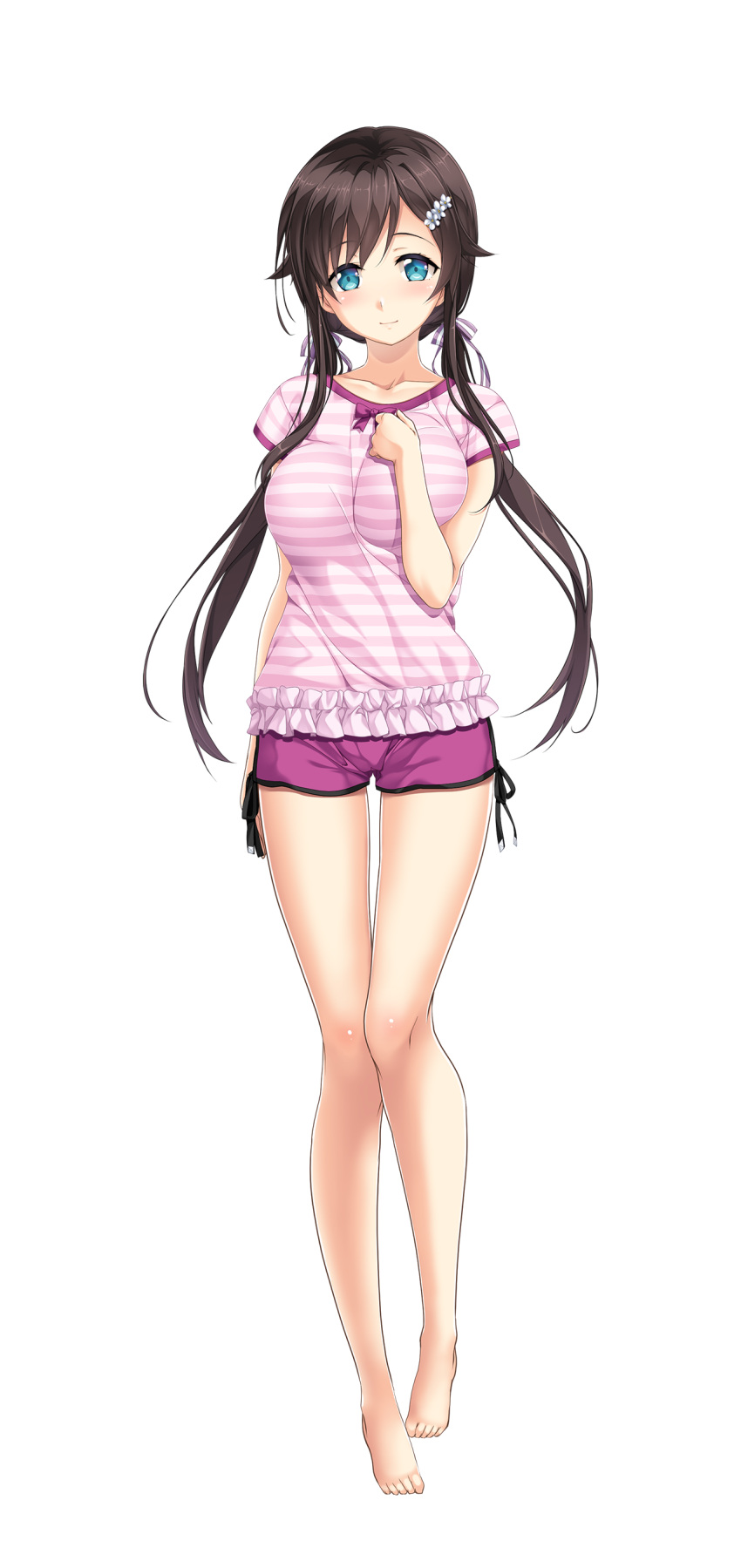 absurdres, aikagi_(azarashi_soft), aqua_eyes, barefoot, blush, brown_hair, collarbone, forearm_at_chest